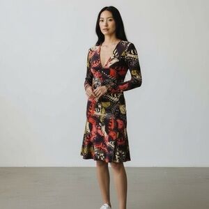 CAbi butterfly print stretch jersey long-sleeve midi dress, style #217 - Small